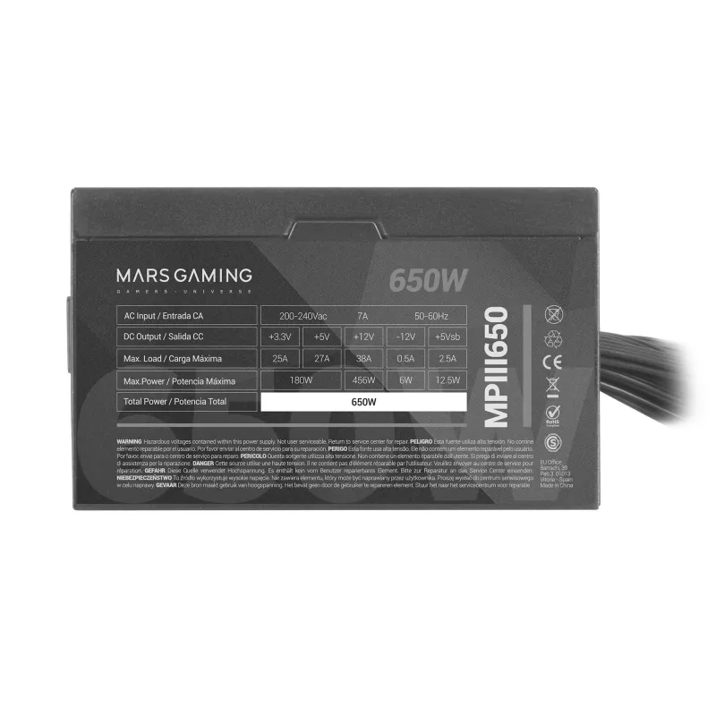 Mars Gaming MPIII650 barošanas bloks 650W ATX 5 gadu garantija AI-RPM klusums 85% efektivitāte melns