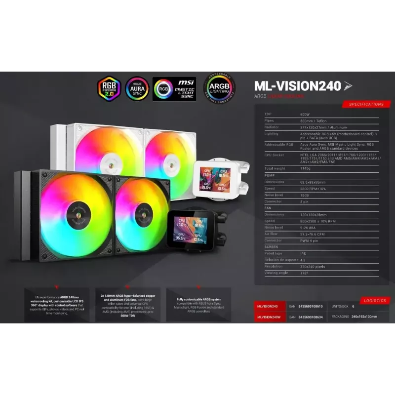 Mars Gaming MLVISION240 — procesora dzesēšanas sistēma, AIO šķidruma dzesētājs, 12 cm, melns