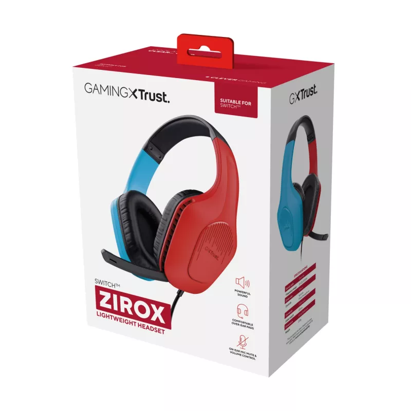 Trust GXT 416S Zirox galvas austiņas, vadu, pāri ausīm, spēlēm, melna, ciāna, sarkana