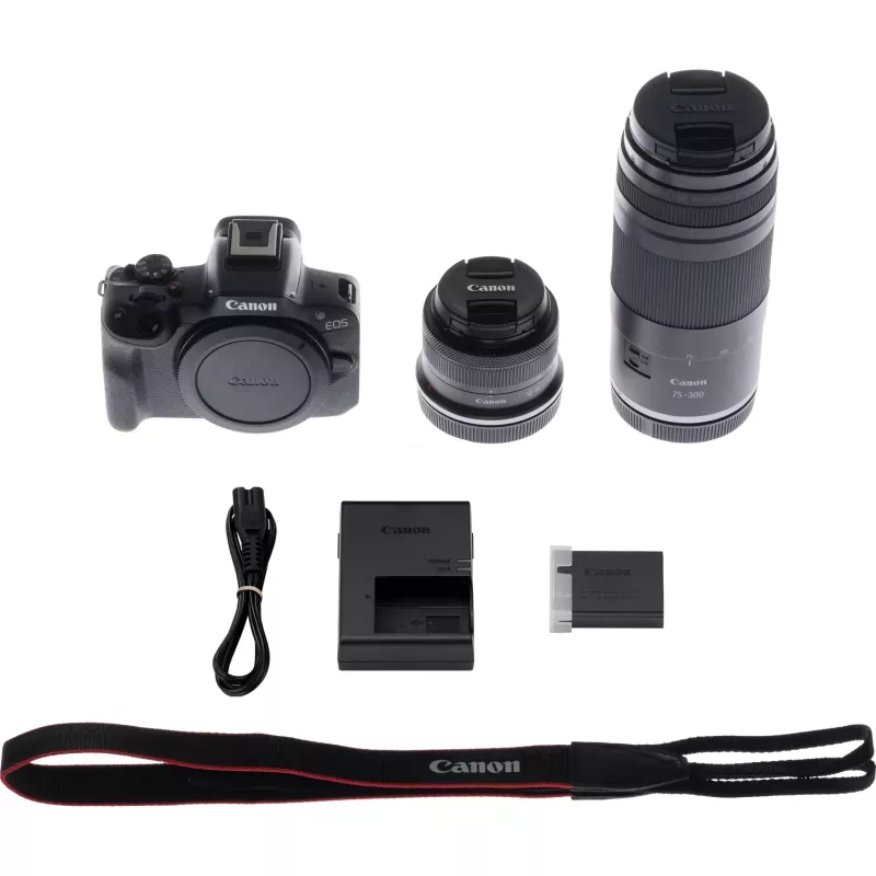 Canon EOS R50 bezspoguļu kameras komplekts ar RF-S 18-45mm un RF 75-300mm objektīviem