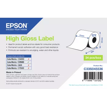 Epson High Gloss uzlīmju ruļļa etiķetes, 51mm x 33m