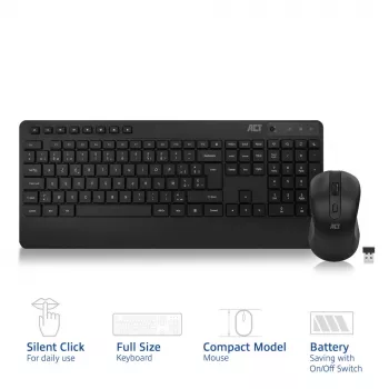 ACT bezvadu tastatūras un peles komplekts (AZERTY), klusie taustiņi, videi draudzīgs, izgatavots no pārstrādātiem materiāliem