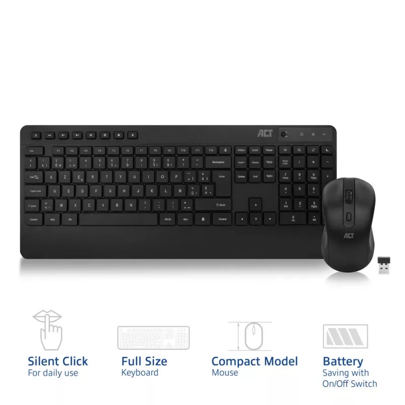 ACT bezvadu tastatūras un peles komplekts (AZERTY), klusie taustiņi, videi draudzīgs, izgatavots no pārstrādātiem materiāliem