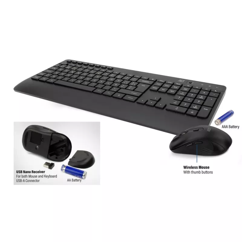 ACT bezvadu tastatūras un peles komplekts (AZERTY), klusie taustiņi, videi draudzīgs, izgatavots no pārstrādātiem materiāliem
