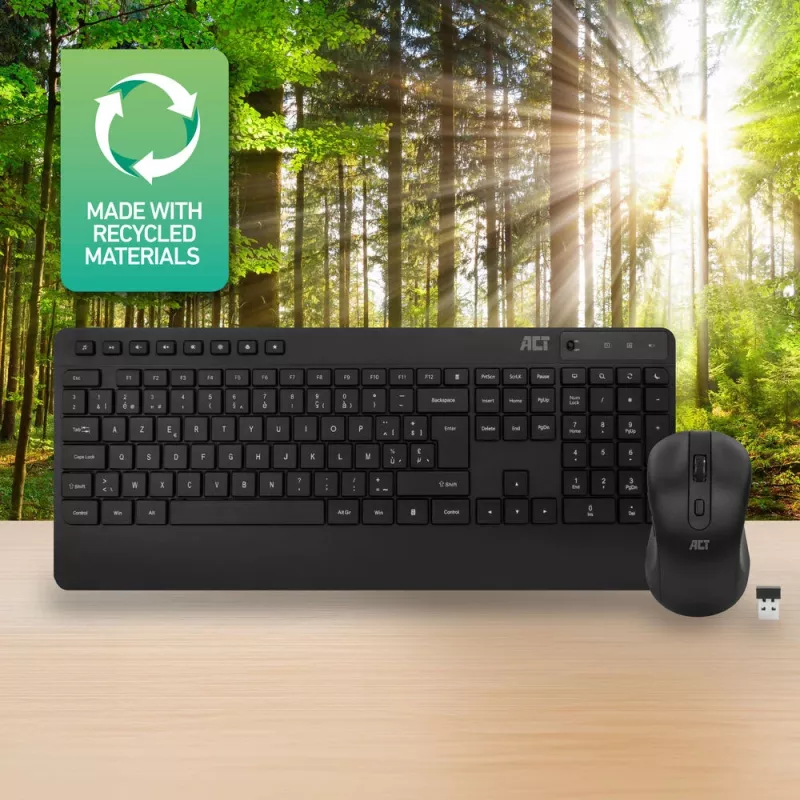 ACT bezvadu tastatūras un peles komplekts (AZERTY), klusie taustiņi, videi draudzīgs, izgatavots no pārstrādātiem materiāliem