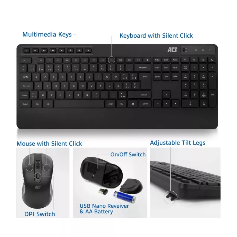 ACT bezvadu tastatūras un peles komplekts (AZERTY), klusie taustiņi, videi draudzīgs, izgatavots no pārstrādātiem materiāliem