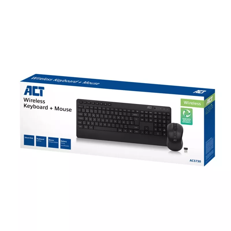 ACT bezvadu tastatūras un peles komplekts (AZERTY), klusie taustiņi, videi draudzīgs, izgatavots no pārstrādātiem materiāliem