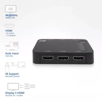 ACT 4K HDMI Switch 5 ieeja, 1 izeja, HDMI, Melns, 2160p, 18 Gbit/s, 4096 x 2160 pikseļi, 4K Ultra HD