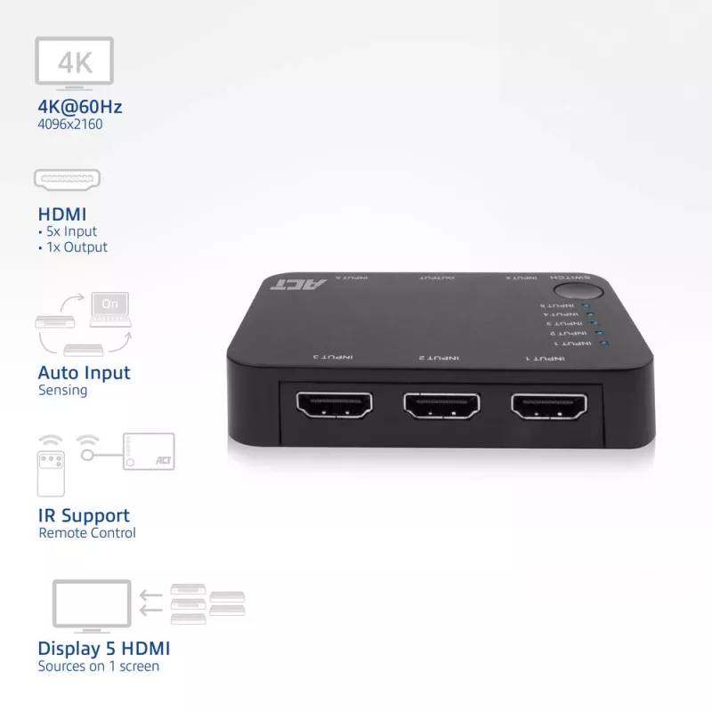 ACT 4K HDMI Switch 5 ieeja, 1 izeja, HDMI, Melns, 2160p, 18 Gbit/s, 4096 x 2160 pikseļi, 4K Ultra HD