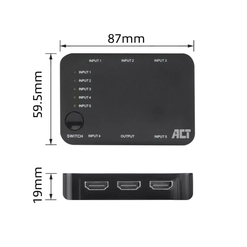 ACT 4K HDMI Switch 5 ieeja, 1 izeja, HDMI, Melns, 2160p, 18 Gbit/s, 4096 x 2160 pikseļi, 4K Ultra HD