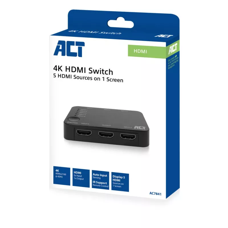 ACT 4K HDMI Switch 5 ieeja, 1 izeja, HDMI, Melns, 2160p, 18 Gbit/s, 4096 x 2160 pikseļi, 4K Ultra HD