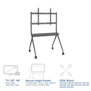 ACT Mobilais TV/monitora grīdas statīvs, 50 inch līdz 86 inch, VESA, 127 cm (50 collas), 2.18 m (86 collas), 200 x 200 mm, 800 x 600 mm, Alumīnijs, Plastmasa, Tērauds, Pelēks