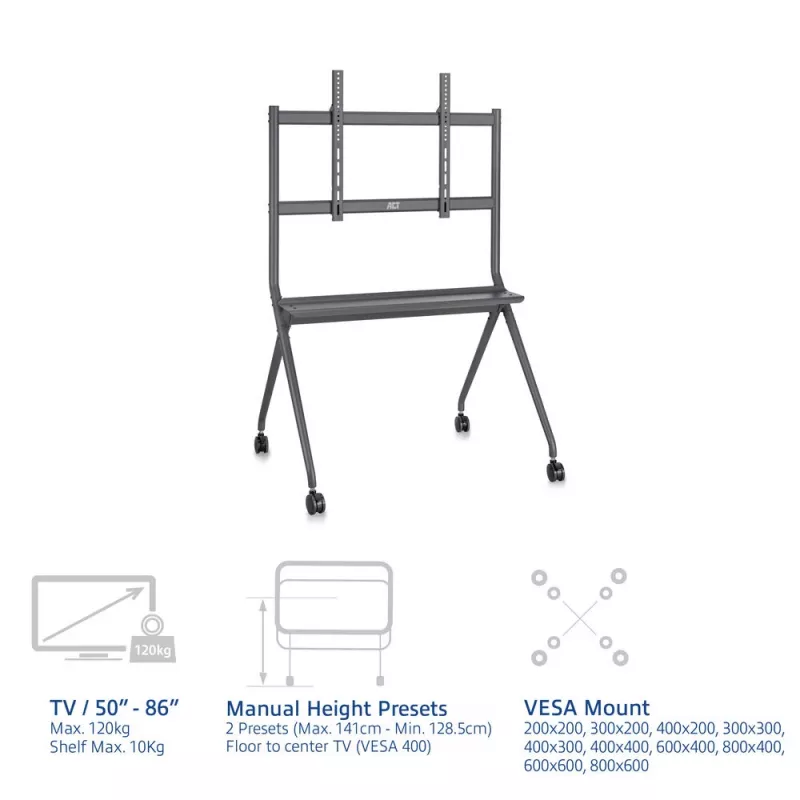 ACT Mobilais TV/monitora grīdas statīvs, 50 inch līdz 86 inch, VESA, 127 cm (50 collas), 2.18 m (86 collas), 200 x 200 mm, 800 x 600 mm, Alumīnijs, Plastmasa, Tērauds, Pelēks