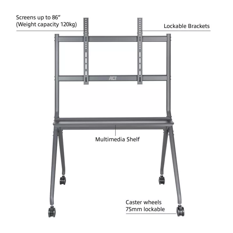 ACT Mobilais TV/monitora grīdas statīvs, 50 inch līdz 86 inch, VESA, 127 cm (50 collas), 2.18 m (86 collas), 200 x 200 mm, 800 x 600 mm, Alumīnijs, Plastmasa, Tērauds, Pelēks