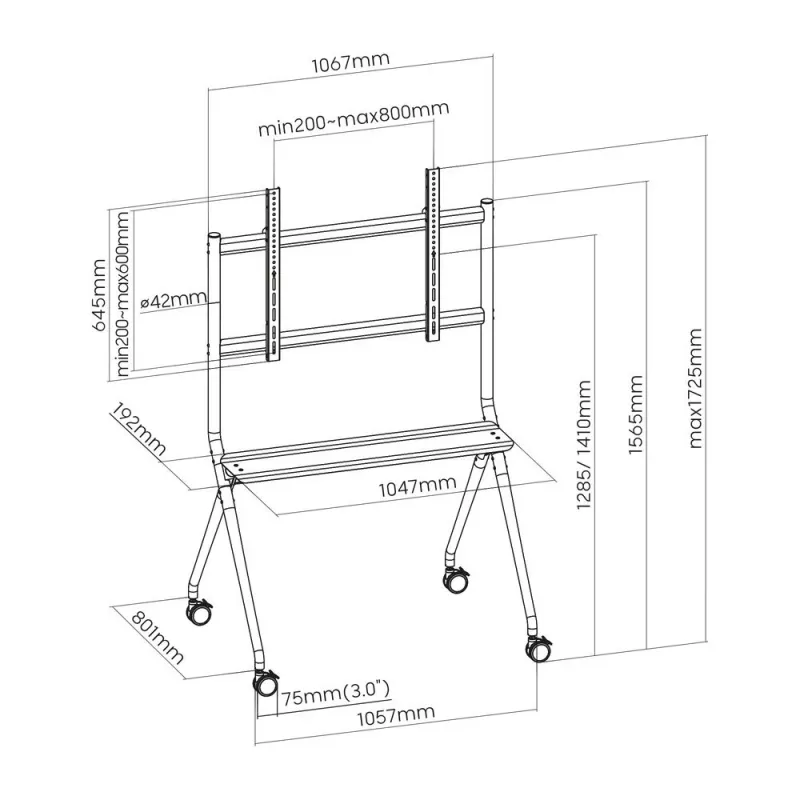 ACT Mobilais TV/monitora grīdas statīvs, 50 inch līdz 86 inch, VESA, 127 cm (50 collas), 2.18 m (86 collas), 200 x 200 mm, 800 x 600 mm, Alumīnijs, Plastmasa, Tērauds, Pelēks