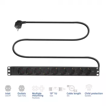 ACT pagarinātājs PDU 19 inch CEE7/7 ar 9 F tipa kontaktligzdām, 3m H05VV-F 3G1.5