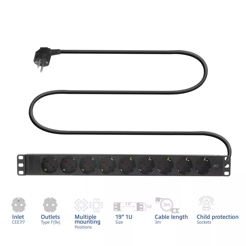 ACT pagarinātājs PDU 19 inch CEE7/7 ar 9 F tipa kontaktligzdām, 3m H05VV-F 3G1.5