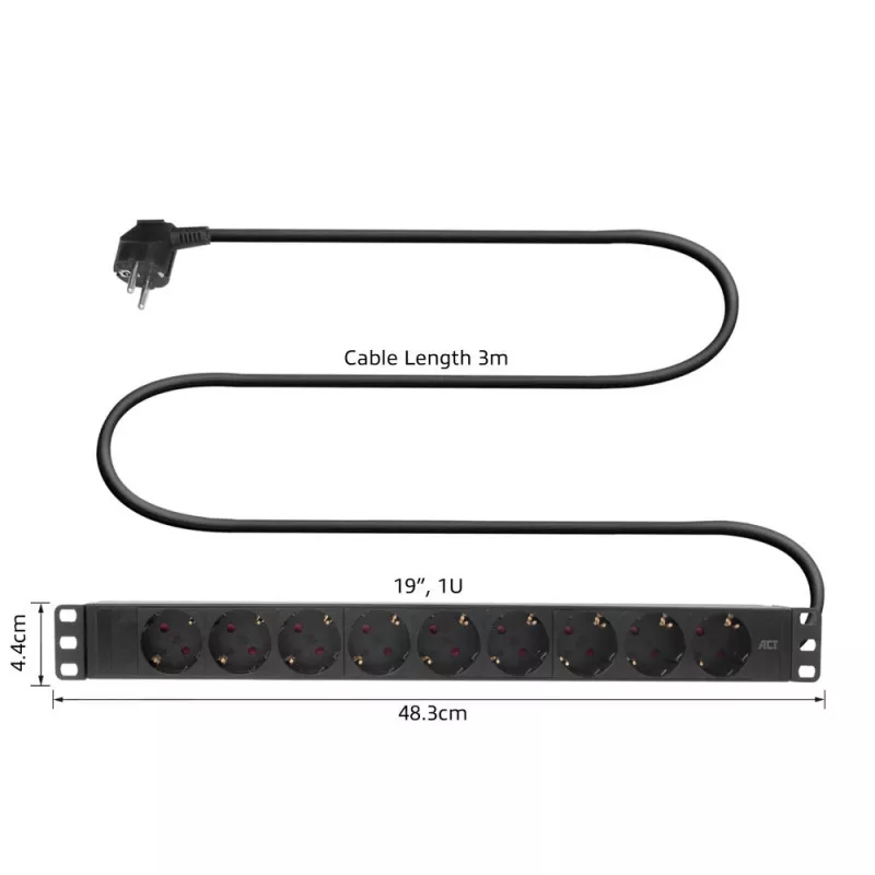 ACT pagarinātājs PDU 19 inch CEE7/7 ar 9 F tipa kontaktligzdām, 3m H05VV-F 3G1.5