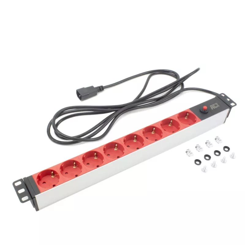 Strāvas sadalītājs ACT PD3004 19 collu C14 IEC60320 ar 8 F tipa ligzdām, 3 m H05VV-F 3G1.0, 230 V 10 A