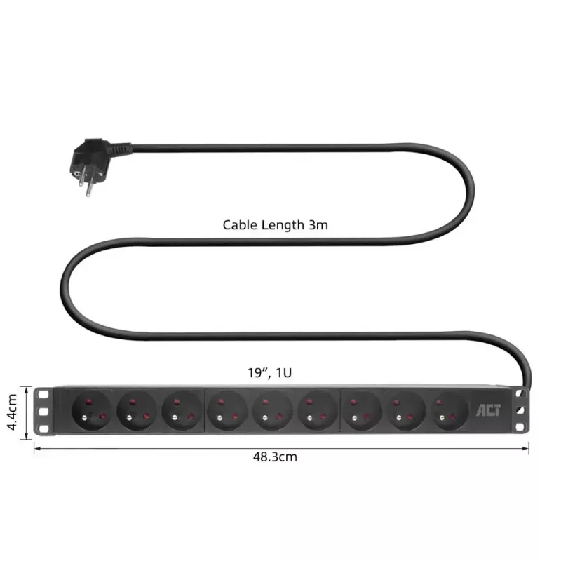 ACT pagarinātājs PDU 19 collu CEE7/7 ar 9 E tipa kontaktligzdām, 3m H05VV-F 3G1.5