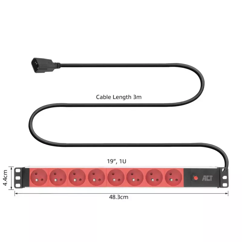 ACT PD3155 pagarinātājs — 3 m, 9 kontaktligzdas, 250 V, 16 A, 4000 W, Melns/Sarkans