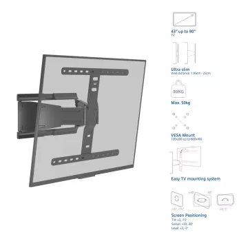 Pilnas kustības TV sienas stiprinājums ACT AC8357 43 inch–90 inch, VESA 100x200–600x400, slīpums -15°–3°, pagrieziens ±30°, slodze līdz 50 kg, ultrplāns