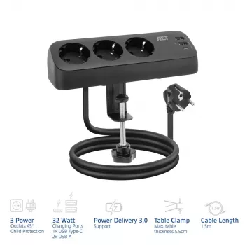 ACT AC2480 Galda barošanas bloks ar 3 F tipa kontaktligzdām, 30W Power Delivery, USB Type-C/A portiem, kabeļa garums 1,5 m
