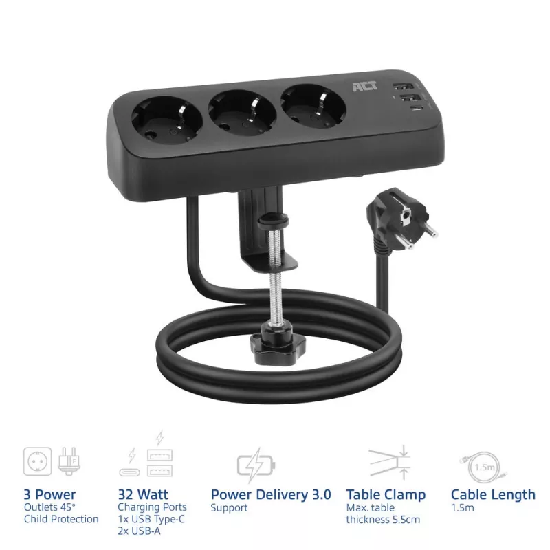 ACT AC2480 Galda barošanas bloks ar 3 F tipa kontaktligzdām, 30W Power Delivery, USB Type-C/A portiem, kabeļa garums 1,5 m
