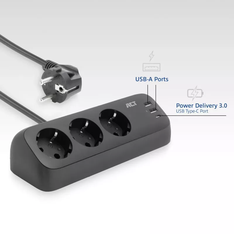 ACT AC2480 Galda barošanas bloks ar 3 F tipa kontaktligzdām, 30W Power Delivery, USB Type-C/A portiem, kabeļa garums 1,5 m