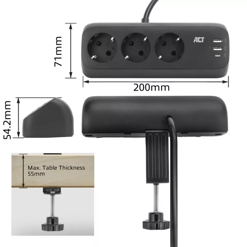 ACT AC2480 Galda barošanas bloks ar 3 F tipa kontaktligzdām, 30W Power Delivery, USB Type-C/A portiem, kabeļa garums 1,5 m