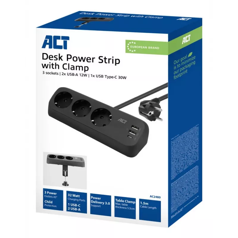 ACT AC2480 Galda barošanas bloks ar 3 F tipa kontaktligzdām, 30W Power Delivery, USB Type-C/A portiem, kabeļa garums 1,5 m