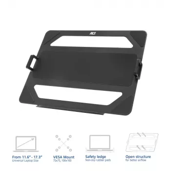 ACT Universāls klēpjdatora paliktnis monitora rokām, Melns, Tērauds, 29.5 cm (11.6 collas), 43.9 cm (17.3 collas), 9 kg, 75 x 75 mm