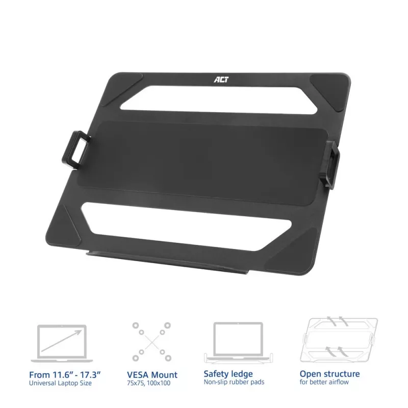 ACT Universāls klēpjdatora paliktnis monitora rokām, Melns, Tērauds, 29.5 cm (11.6 collas), 43.9 cm (17.3 collas), 9 kg, 75 x 75 mm
