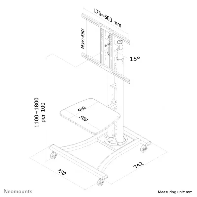 Neomounts PLASMA-M1800E TV ratiņi 27-70 collas, Sudraba, Pārnēsājams grīdas statīvs, Tērauds, 50 kg, 68.6 cm (27 inch), 177.8 cm (70 inch)