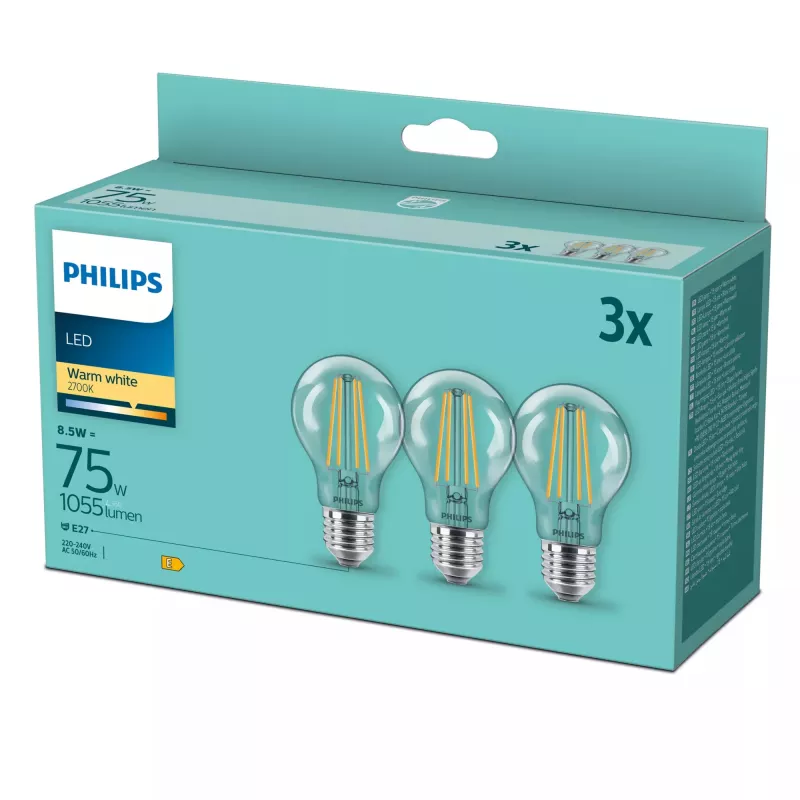 Philips LED kvēldiega spuldze E27, 3 gab., 8,5 W (75 W ekvivalents), 2700 K