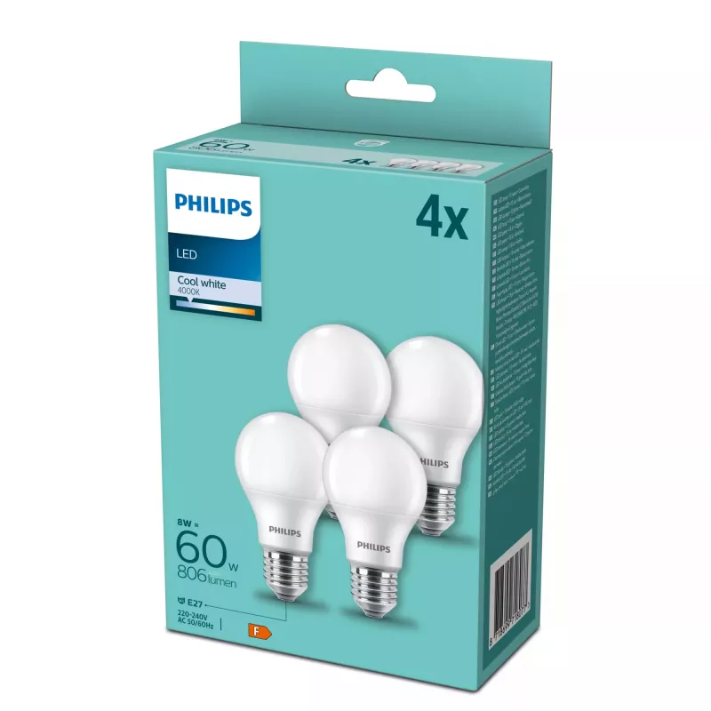 Philips LED spuldze E27 60W 4000K, 4 iepakojumā