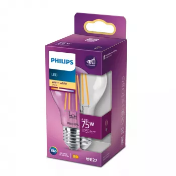 Philips Filament Spuldze Caurspīdīga 75W A60 E27 8.5W Silta Balta 1055lm