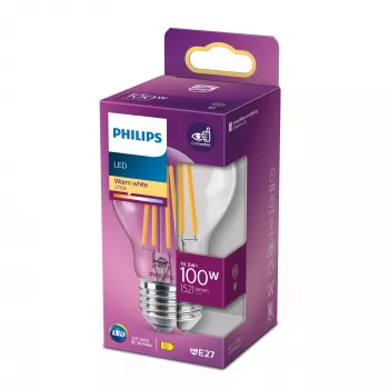 Philips Filament Bulb Clear 100W A60 E27 10.5W Silts Balts 1521lm
