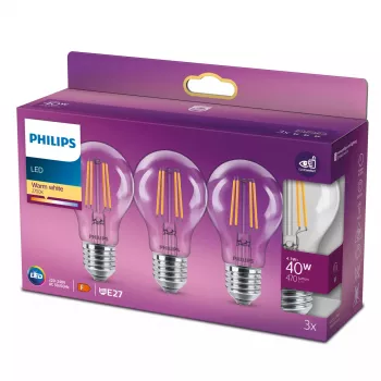 Philips Filament Spuldze Caurspīdīga 40W A60 E27 x3, 4.3 W, 40 W, E27, 470 lm, 15000 h, Silta balta