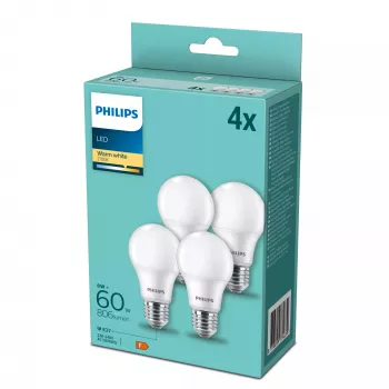 LED spuldze Philips A60 E27 8W (ekv. 60W), 806 lm, 2700K, CRI 80, 15 000 h — 4 gab. iepakojums