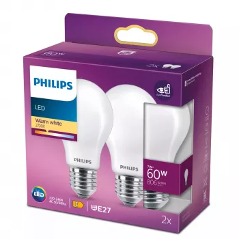 LED kvēldiega spuldze Philips A60 E27 7W (ekv. 60W), 2700K, 806 lm, matēta – 2 iepakojumā