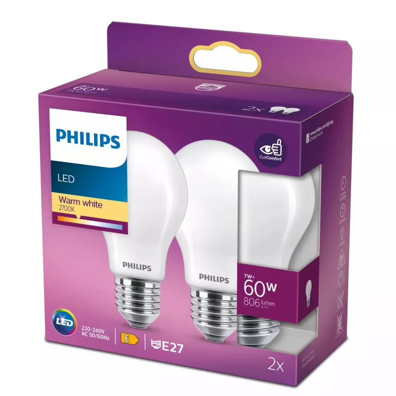 LED kvēldiega spuldze Philips A60 E27 7W (ekv. 60W), 2700K, 806 lm, matēta – 2 iepakojumā
