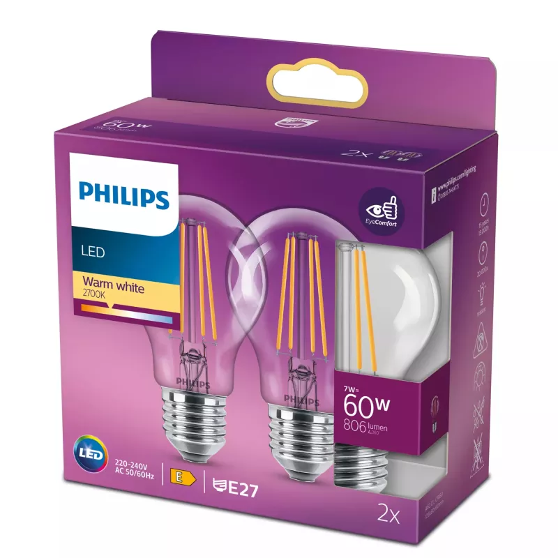 Philips LED kvēldiega spuldze A60 7W (ekv. 60W) E27 caurspīdīga 2700K 2 iepakojumā