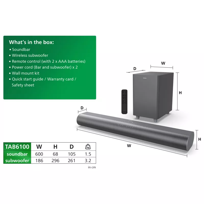 Soundbar Philips TAB6100/10 2.1 kanāli 80 W RMS Dolby Atmos