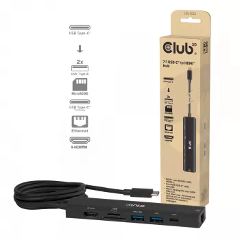 CLUB3D 7-1 USB-C uz HDMI centrmezgls — vadu, Gigabit Ethernet, melns, 136×34×94.5 mm