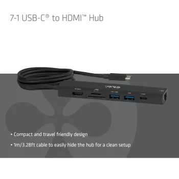CLUB3D 7-1 USB-C uz HDMI centrmezgls — vadu, Gigabit Ethernet, melns, 136×34×94.5 mm