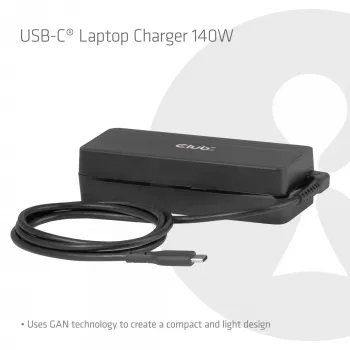 CLUB 3D USB-C lādētājs klēpjdatoram 140W, GaN, 1 m kabelis, melns