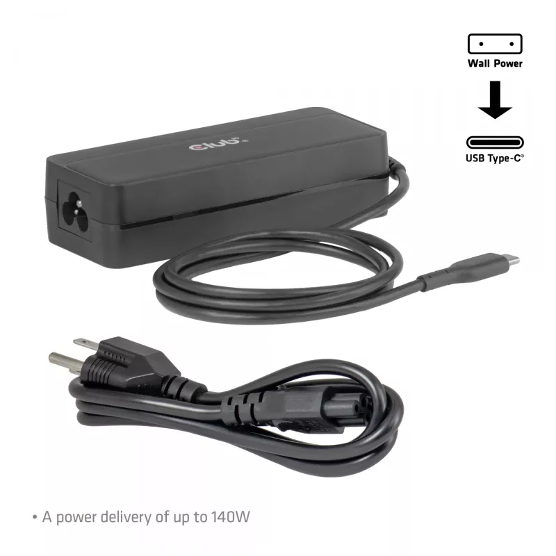 CLUB 3D USB-C lādētājs klēpjdatoram 140W, GaN, 1 m kabelis, melns