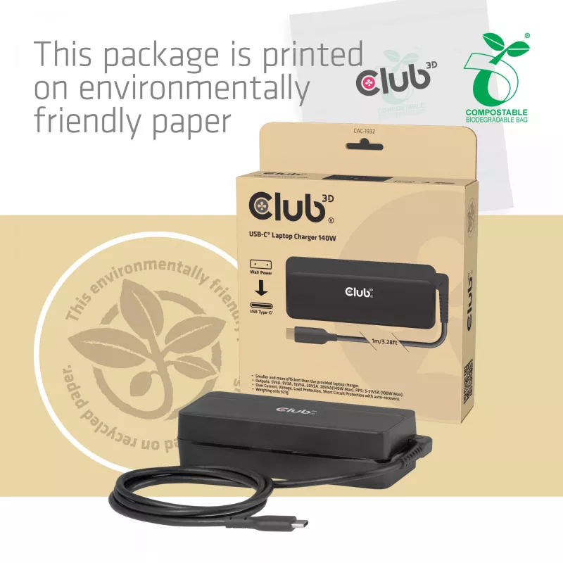 CLUB 3D USB-C lādētājs klēpjdatoram 140W, GaN, 1 m kabelis, melns