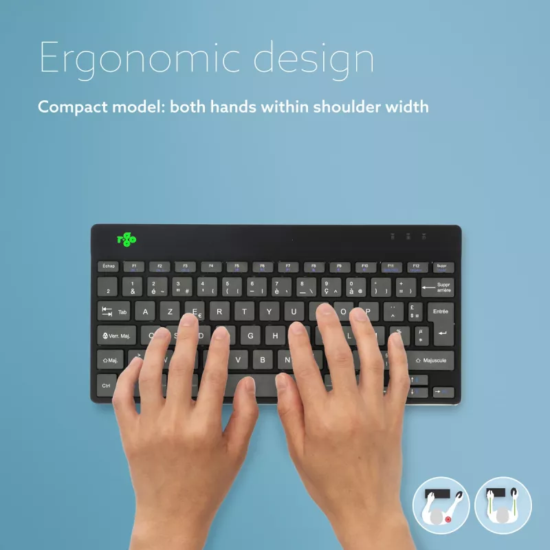 R-Go Tools Ergonomiskā tastatūra R-Go Compact Break, kompakta tastatūra ar pārtraukuma programmatūru, AZERTY (FR), Bluetooth, melna